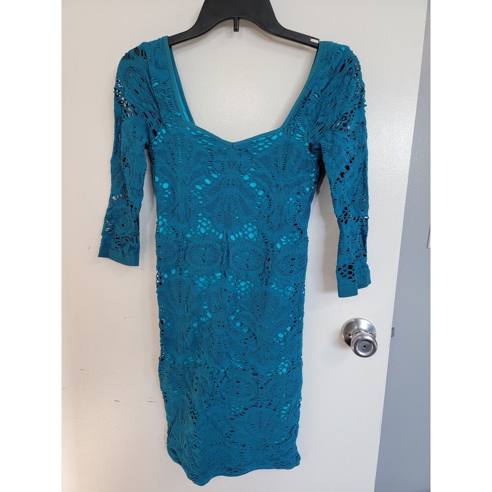 Free People Crochet Slip Dress Lace Body Con Teal Turquoise Stretch Fit Lacy M/L